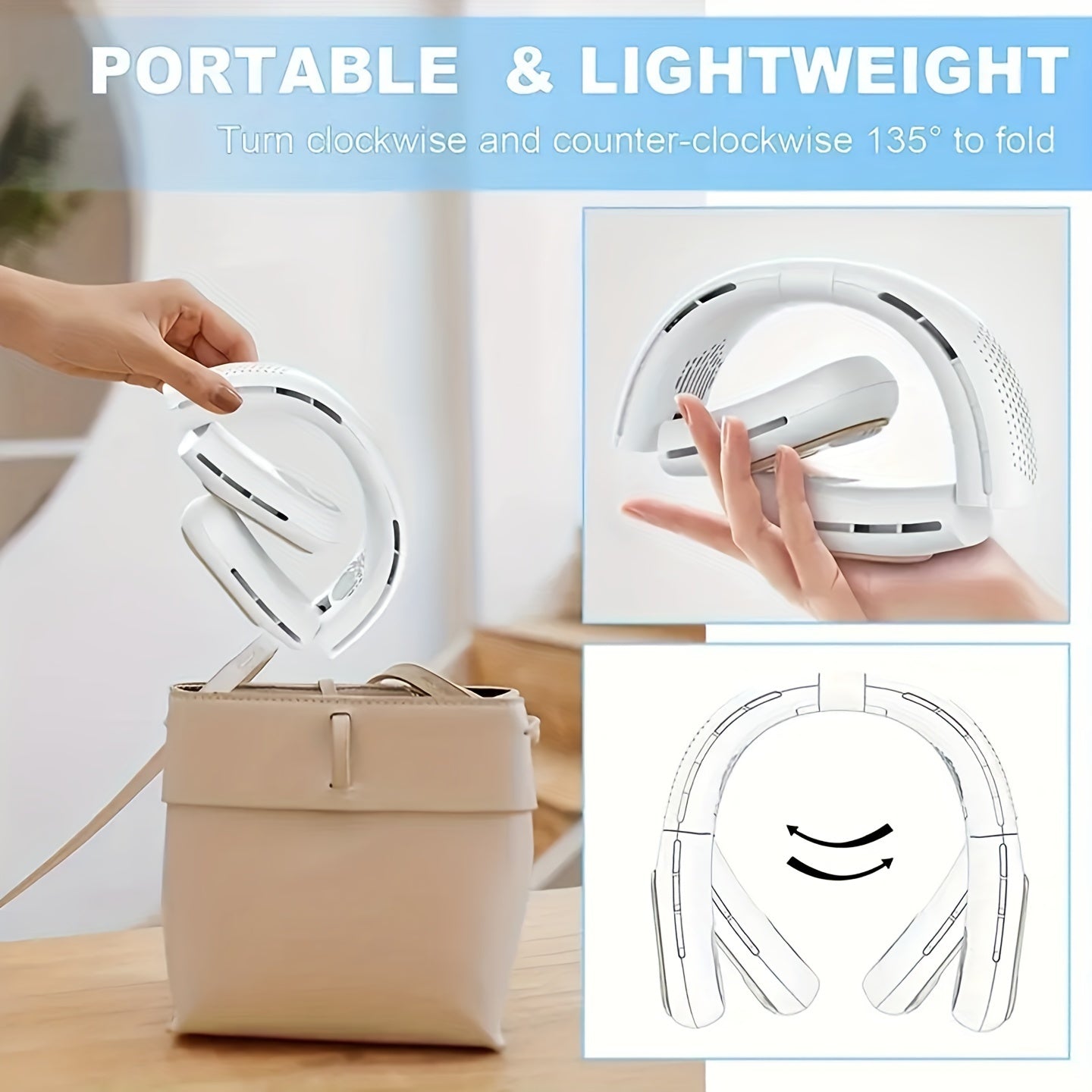 Get ready for the summer heat with the 1pc Hanging Neck Fan - a revolutionary no leaf fan that promises silent cooling power on-the-go. This portable fan is perfect for outdoor activities, with USB charging capability for convenience. Enjoy its light and