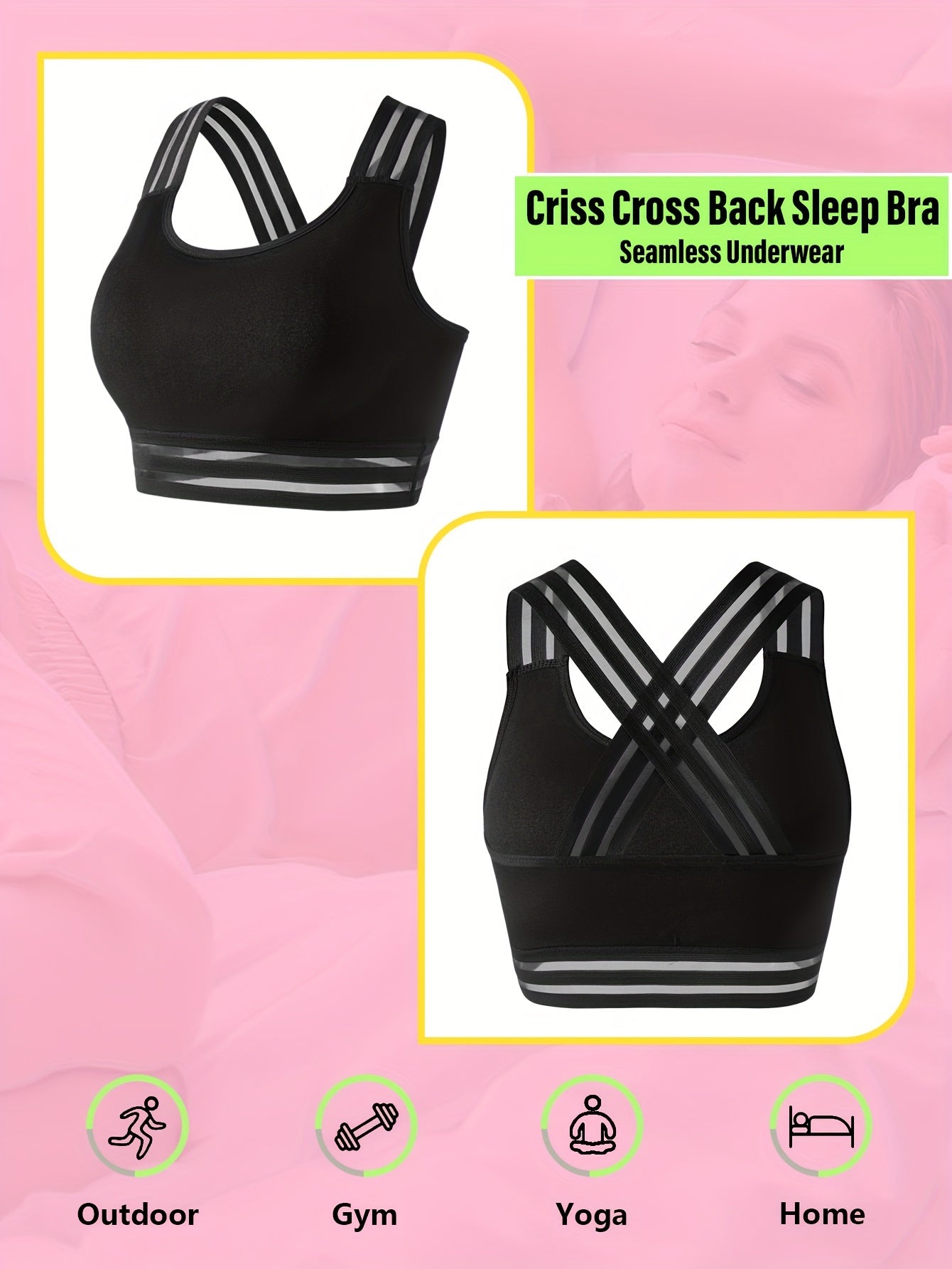 Breathable and comfortable sports bra features removable cups and cross strap design in a solid color knit fabric blend of polyamide and spandex. Ideal for adult women's yoga tank top.