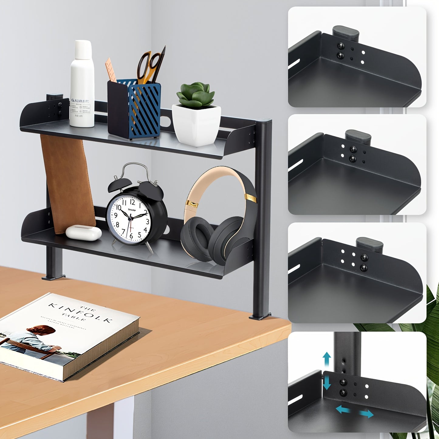 Adjustable clamp-on desk organizer, 43.18cm, dual-layer metal side table for office supplies & accessories.