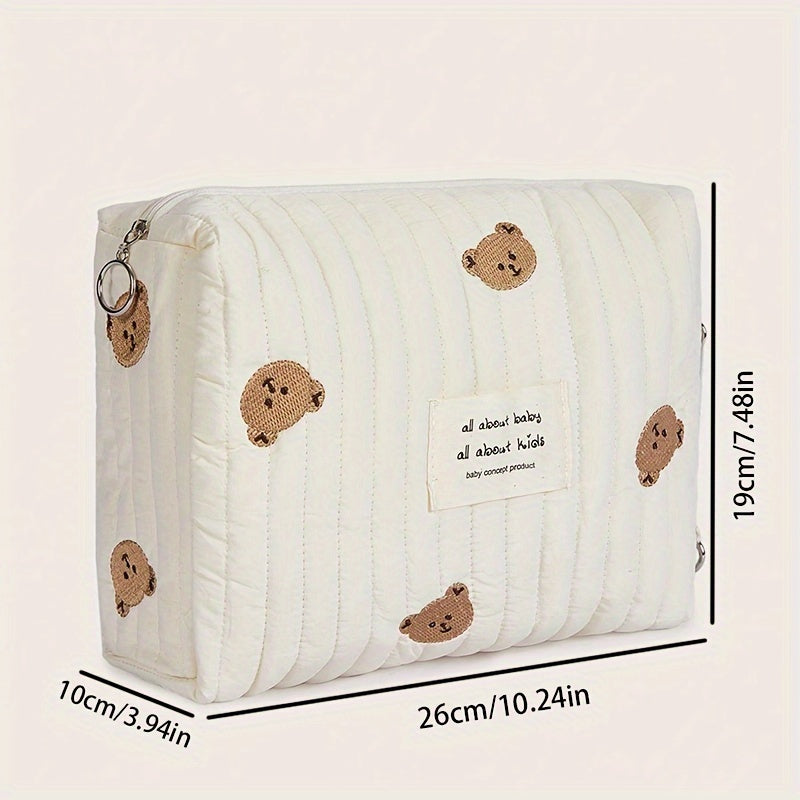 Adorable Bear Diaper Organizer, Convenient Zippered Embroidered Storage Pouch