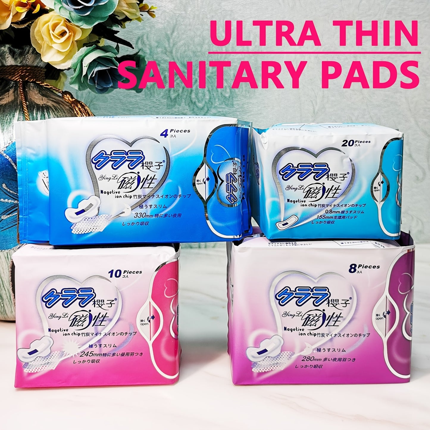 5 packs of ultra-thin winged sanitary pads for women, individually wrapped and unscented.