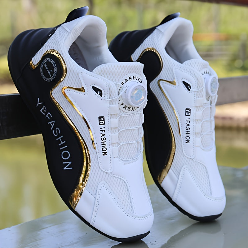 Men's white athletic sneakers with mesh upper, rubber sole, lace-up design, and golden accents, suitable for students and teens.