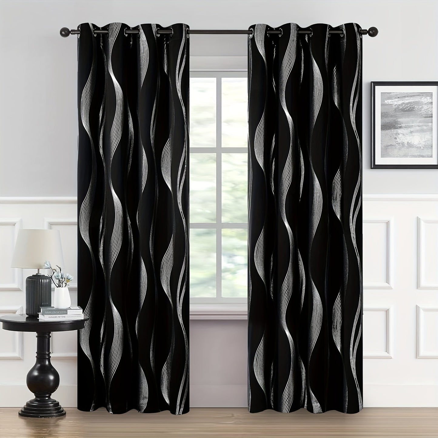 Two pieces of contemporary blackout curtains made from high-quality woven polyester, featuring a grommet top design for easy hanging. These room darkening drapes are machine washable and showcase a fantasy stripe pattern with eyelet detailing. Suitable