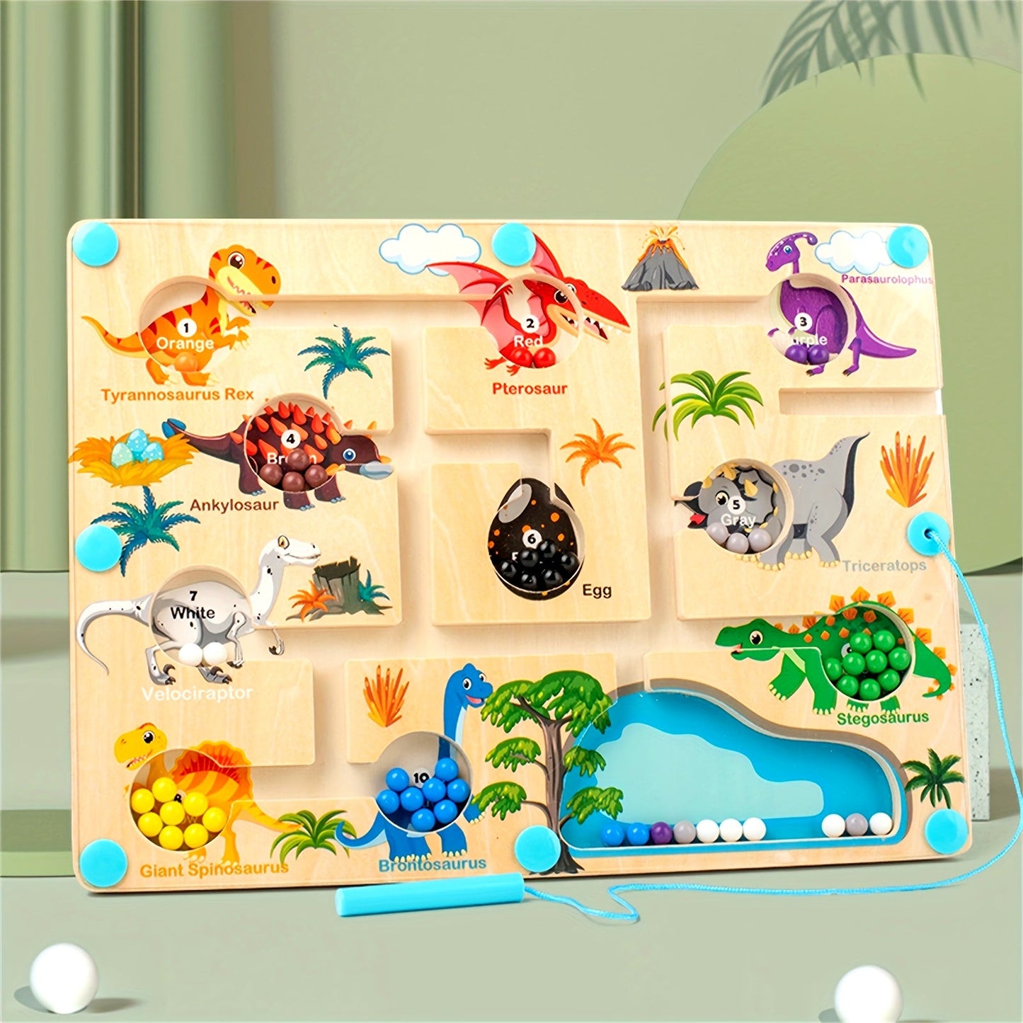 Dinosaur Wooden Magnet Maze Game - Magnetic Color and Number Maze Puzzle Board for Learning Counting and Matching, Fine Motor Skills Development Travel Toy for Boys and Girls - Ideal Birthday Gift