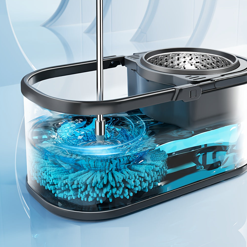 Introducing the BASSFLY Stainless Steel Spin Mop and Bucket Set, complete with 2 replacement heads and a convenient carrying handle. This 360-degree rotating mop makes cleaning a breeze, perfect for any room in your home - from the living room to the