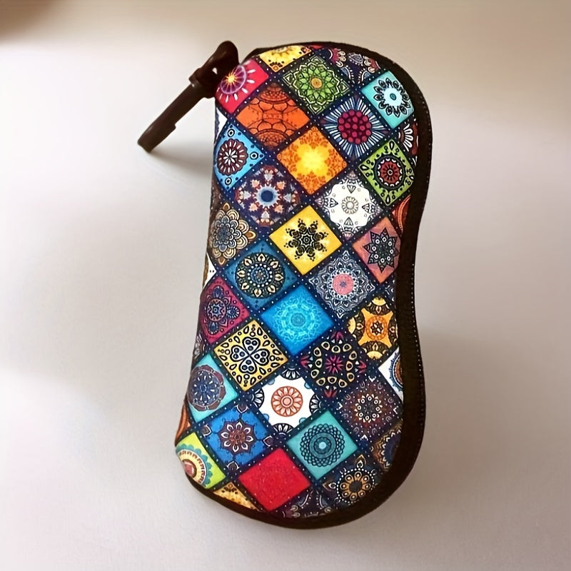 Neoprene Fashion Glass Case with Zipper & Carabiner Clip - Stylish Mandala Design, Portable, Fits All Glasses Sizes - 1 Piece