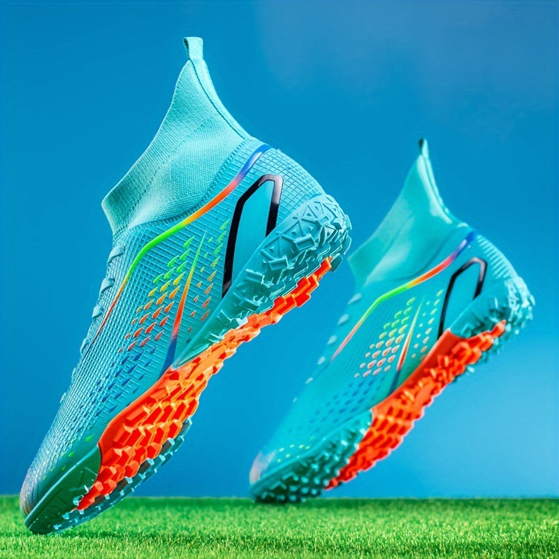 High-top soccer cleats for kids with anti-slip soles, breathable mesh upper, and colorful accents, perfect for school sports.