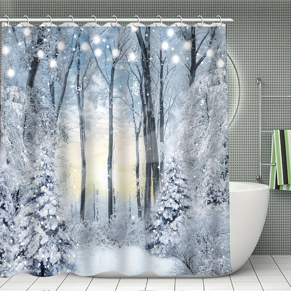 Winter snow scene shower curtain set includes waterproof curtain, floor mat, toilet seat cover, bathroom mat, 12 plastic hooks, and home decorations.