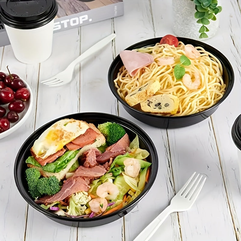 30 to 50 pieces of 34oz plastic black bowls with lids. These round food storage containers are BPA free, stackable, and leakproof. They can be used as bento boxes and are microwave safe. These kitchen gadgets and accessories are perfect for storing food