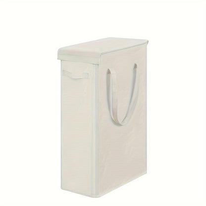 The ultra-slim 60L laundry hamper with a lid is conveniently foldable and portable, making it an ideal storage solution for dirty clothes. This basket includes handles for easy transportation and is perfect for use in the bedroom, bathroom, dorm, or