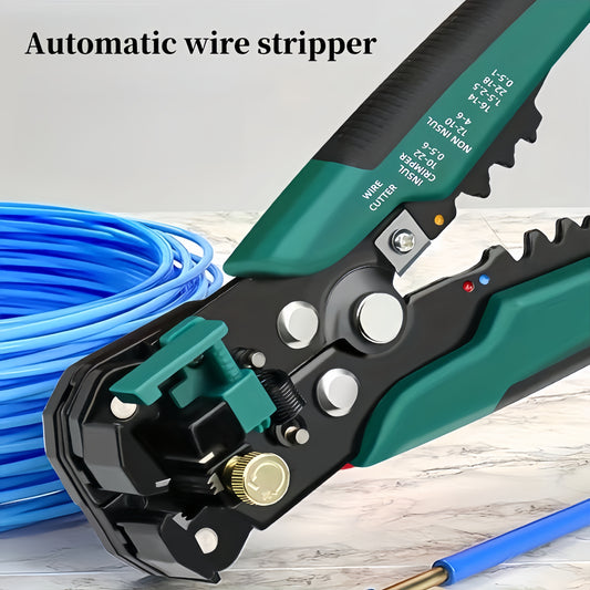 Professional automatic wire stripper and cutter for electricians, with self-adjusting insulation stripping tool and built-in crimper. Durable metal construction.