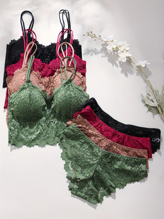 4 Sets of Women's Sexy Lace Bra and Panty Sets, featuring removable bras, breathable and comfortable fabric, and stretchy lingerie design.