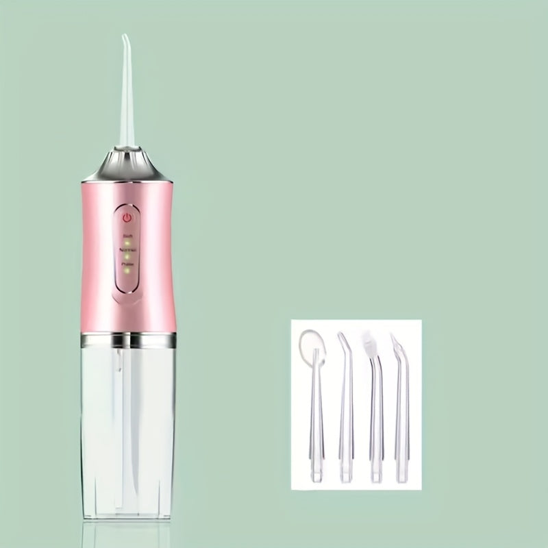 1 portable oral irrigator with USB rechargeable feature, 800mAh lithium battery, 3 cleaning modes, 4 jet tips for teeth cleaning and gap residue removal.