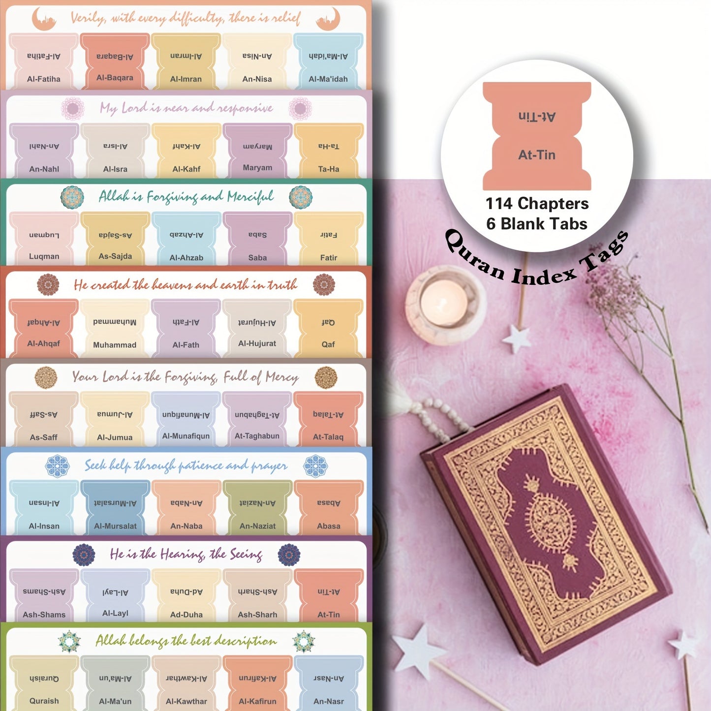 Self-adhesive Quran chapter tabs with tear-resistant clear printing for easy navigation and decoration, includes 114 chapter tabs and 6 blank tabs.