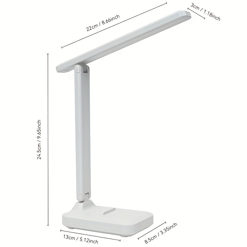 High-Brightness LED Desk Lamp with 3-Color Temperatures, Touch Control, Foldable Design, USB Rechargeable, Adjustable Arm, Plastic Construction - Ideal for Reading, Office, and Bedroom Use.