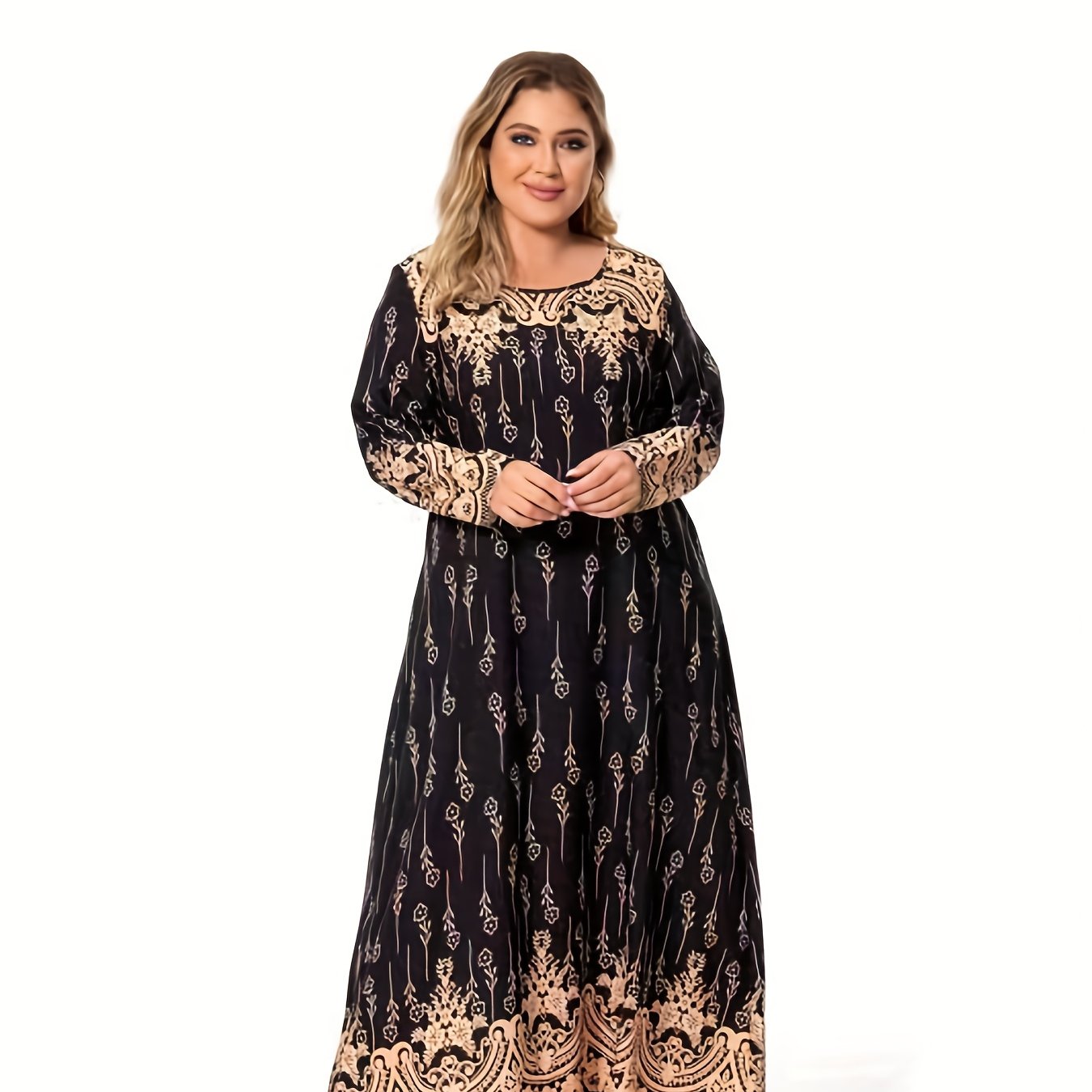 Plus size casual dress for Ramadan with floral print, long sleeves, and round neck.