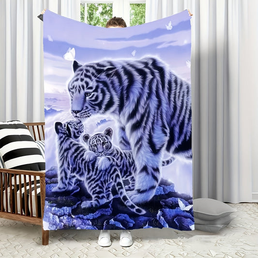 Soft and Quilted Glam Style White Tiger Print Flannel Throw Blanket - Featuring Digital Printing and Knitted Design. Made of Tear & Stain Resistant Polyester, Machine Washable for Easy Care. Versatile All-Season Blanket Perfect for Bedroom, Travel, or