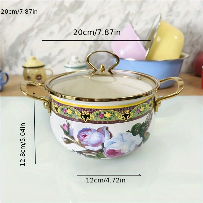 Thickened Enamel Stew Pot with Stainless Steel Handle and Transparent Cover, Suitable for Gas and Electromagnetic Stoves, Easy to Clean