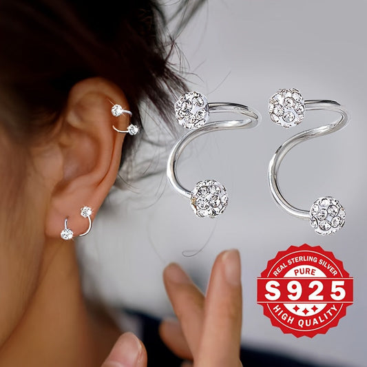 Luxurious 925 Sterling Silver Screw Ball Stud Earrings, adorned with Sparkling Screw Buckle S Bar. Ideal for gifting at Christmas or wearing to a Music Festival themed party with friends.