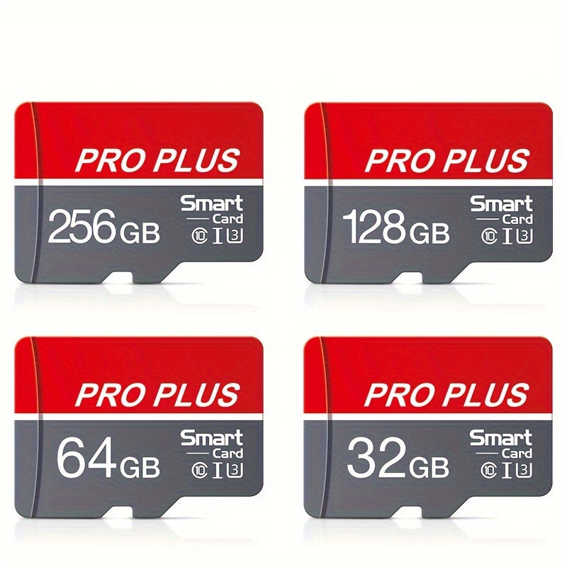 High-speed Class 10 U3 Microdrive Pro Plus Memory Card in red and gray, available in sizes 4GB to 256GB, offers reliable performance for smartphones, tablets, and more.