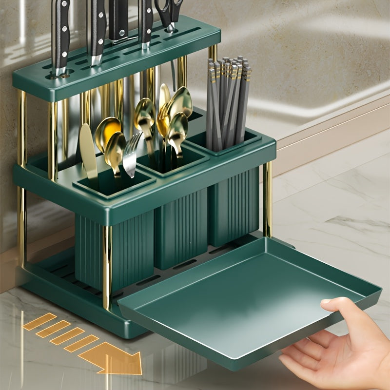 Space-Saving Metal Organizer for Cutlery and Cookware, with Multi-Functional Knife and Fork Storage Rack, Utensil Holder, and Draining System.