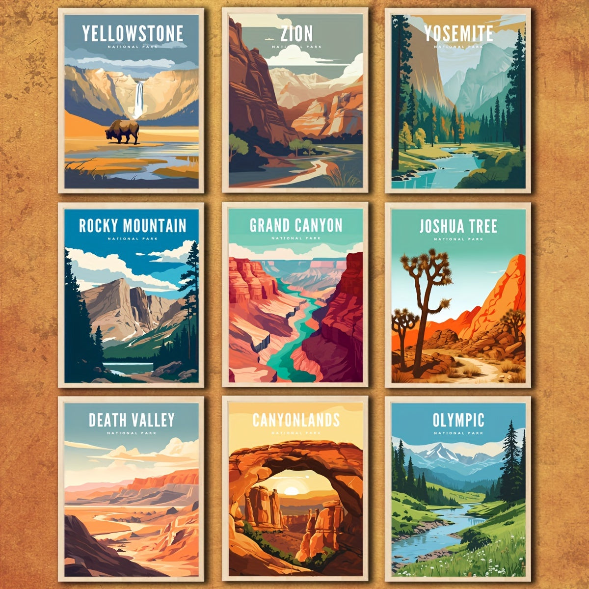 Set of 9 Large Size Modern Art Design Illustration Style Posters featuring Famous National Parks Landscapes. Frames not included. Perfect Gifts for Room Decor, Living Room, and Bedroom. Available in A3, A4, and A5 sizes.