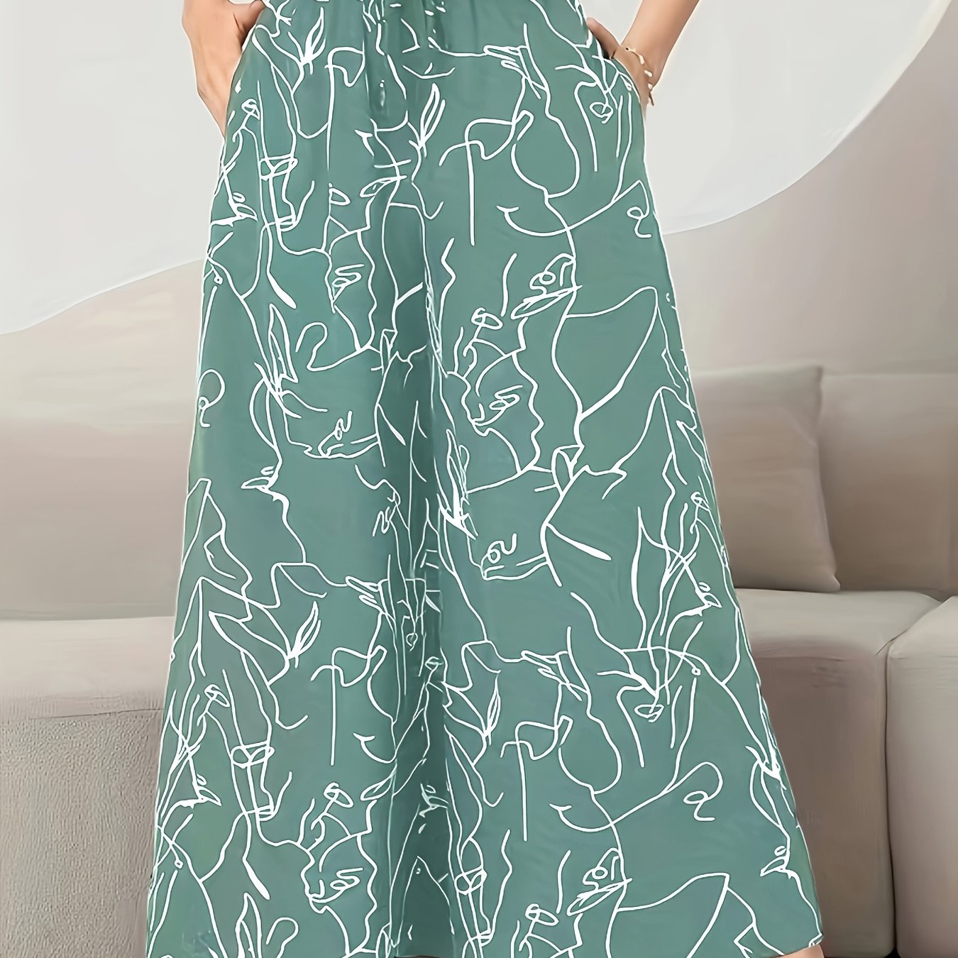 Women's Elegant Brown and White Floral Print Wide-Leg Pants with Ruffle Detail - High Waist, Machine Washable, Perfect for Spring/Fall Fashion, Glossy Texture, Spring Fashion Pants