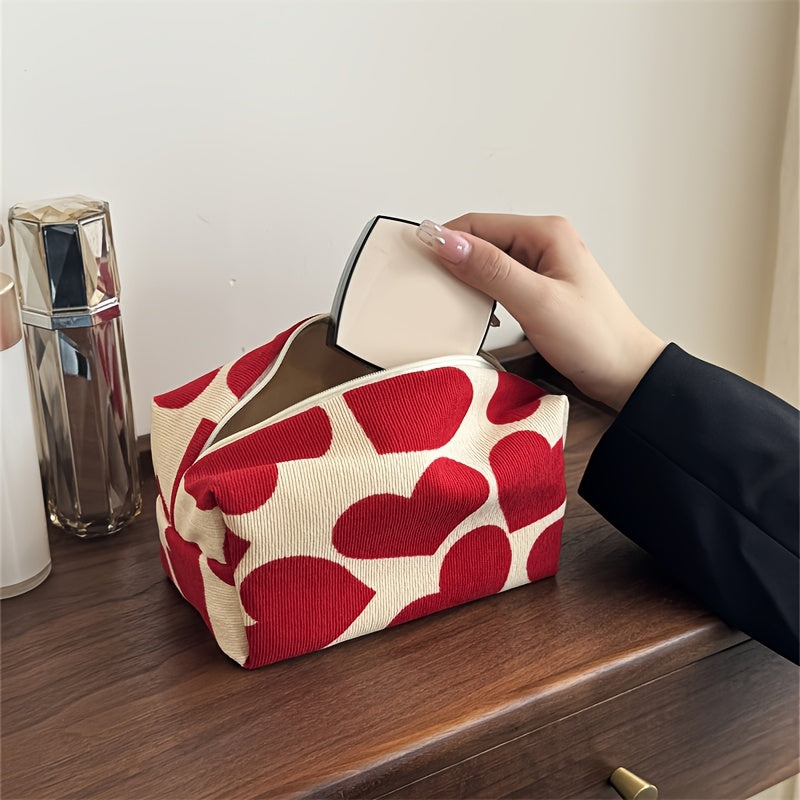 Velvet red makeup bag for women. Perfect for storing travel essentials, skin care, cosmetics, and more. Includes compartments for coins, lipstick, makeup brushes, nail polish, and sanitary