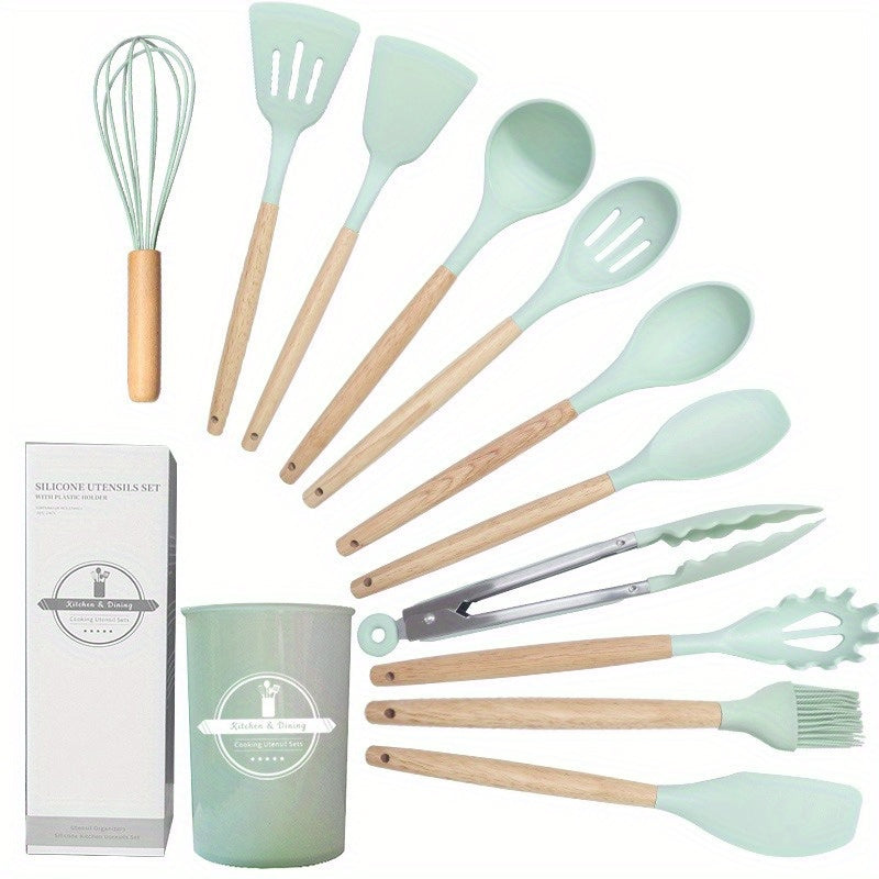 Silicone Kitchen Utensil Set with 12 Pieces - Non-Stick, Food Grade Cooking Tools Including Spatulas & Soup Spoon for Home and Restaurant Use