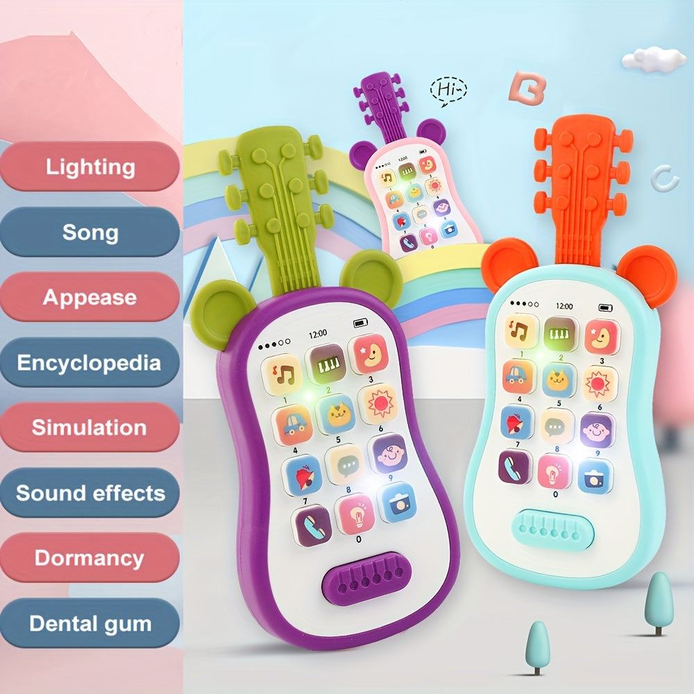 Early educational toy guitar-shaped phone for children with multiple functions - teething soothing music simulation phone featuring an encyclopedia and sound effects. Made of plastic, safe for children aged 0-3 years. Originating from Chinese mainland