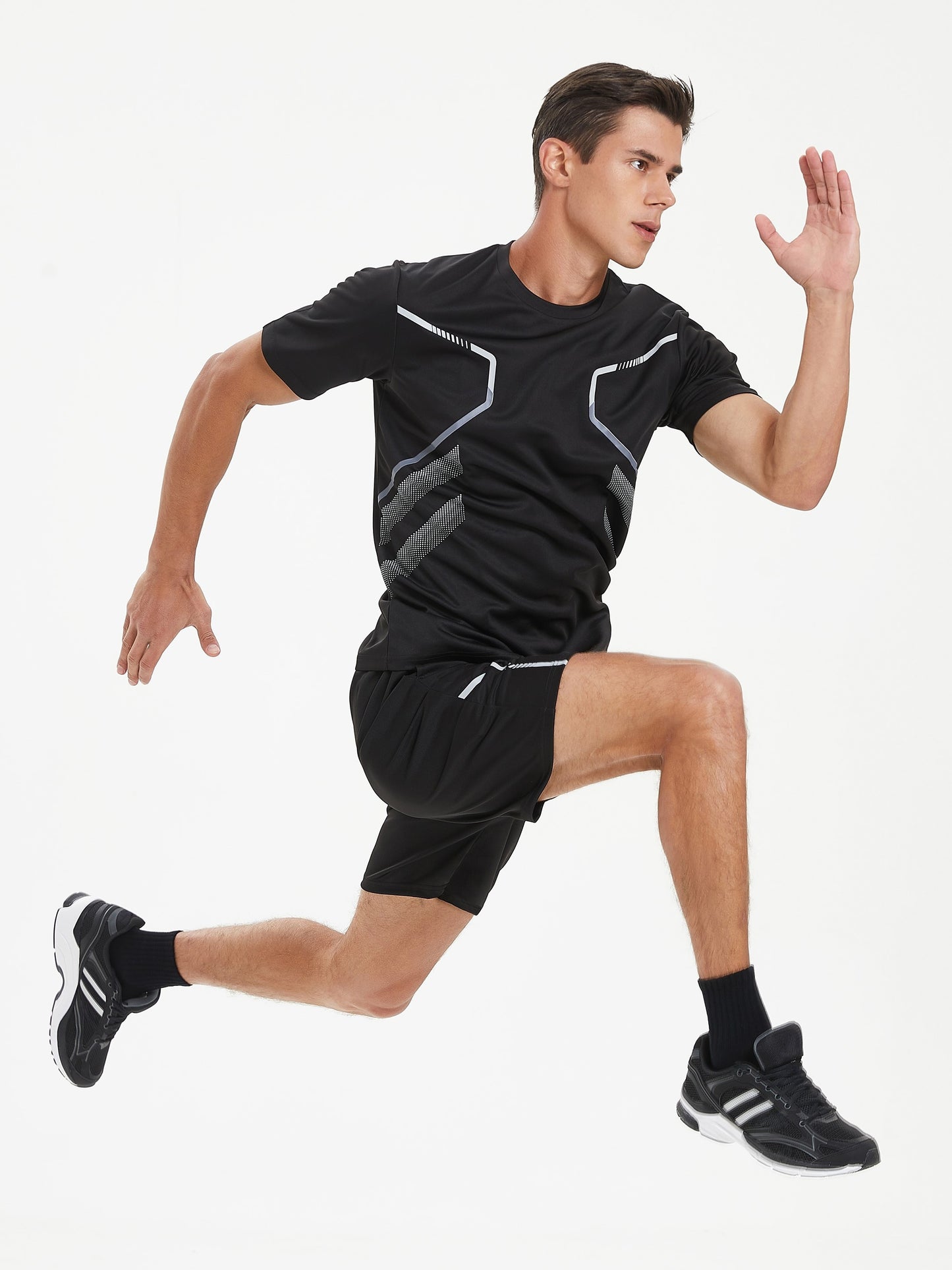 Men's summer running sportswear set includes quick-dry crew neck t-shirt and shorts for hiking, training, and weekend activities.