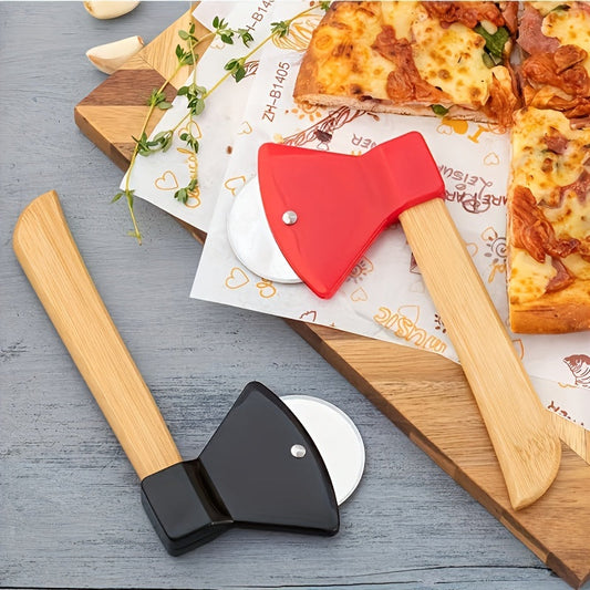 Stylish Stainless Steel Axe-Shaped Pizza Cutter - 21.08cm Single Wheel Slicer with Bamboo Handle, Versatile Kitchen & Restaurant Baking Tool, Red/Black Color