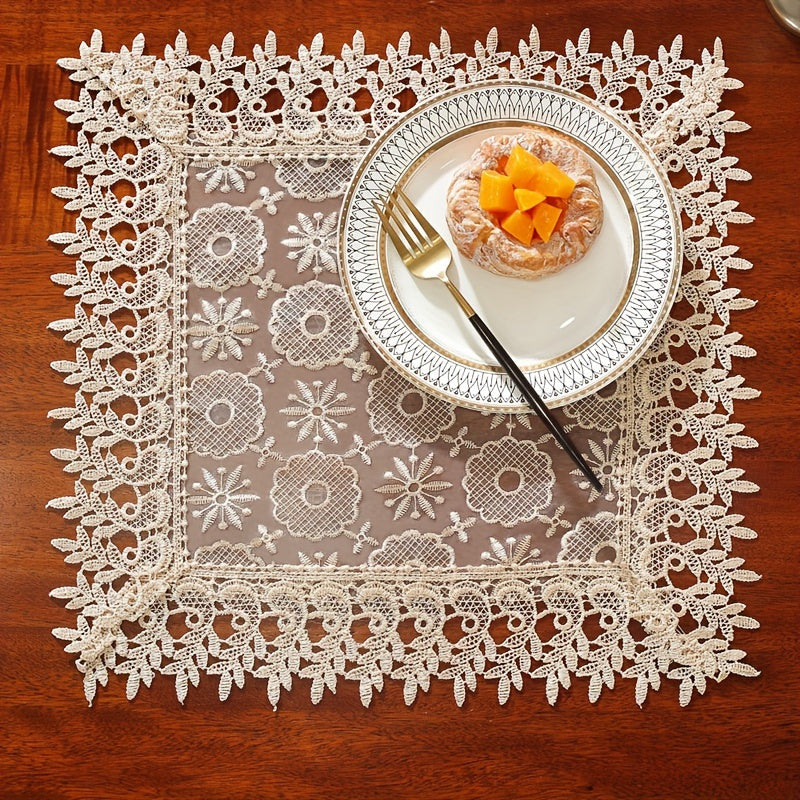 Polyester table runner with white embroidery flowers and lace edge, perfect for room or dining table decor.