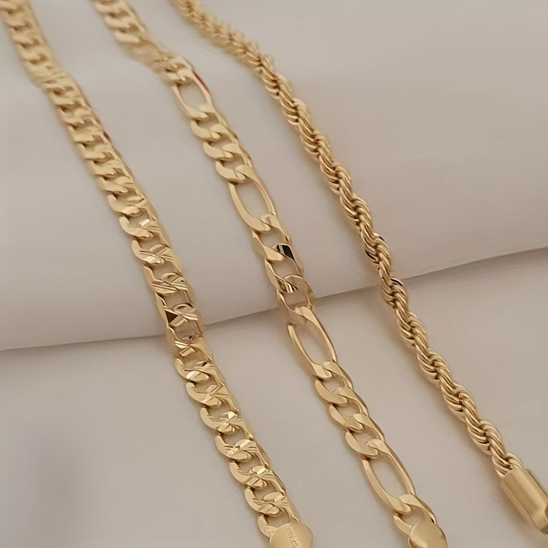 Set of 3 stainless steel anklets designed for women, featuring 14K golden plating, waterproof technology, and strong lobster clasps. Includes Cuban link, Figaro, and rope chains for a versatile look suitable for all seasons. Perfect for everyday wear and