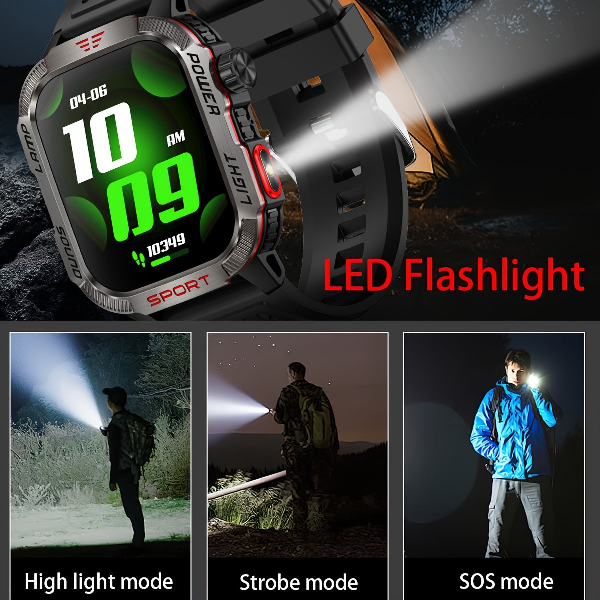 Durable outdoor smartwatch for iPhone & Android, with wireless call capabilities, LED flashlight, fitness tracking, waterproof design, and long-lasting battery.