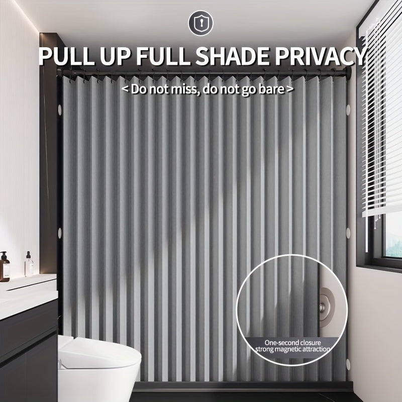 Waterproof gray foldable shower curtain with magnetic attachment, polyester wave screen, black hooks included, machine washable for all seasons.