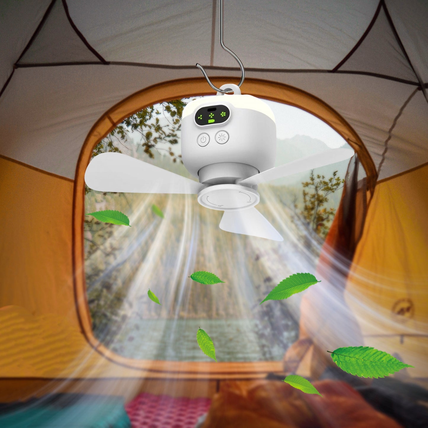 Portable USB rechargeable camping fan with hanging design for camp tents, perfect for outdoor camping. Features emergency lighting and includes a remote control.