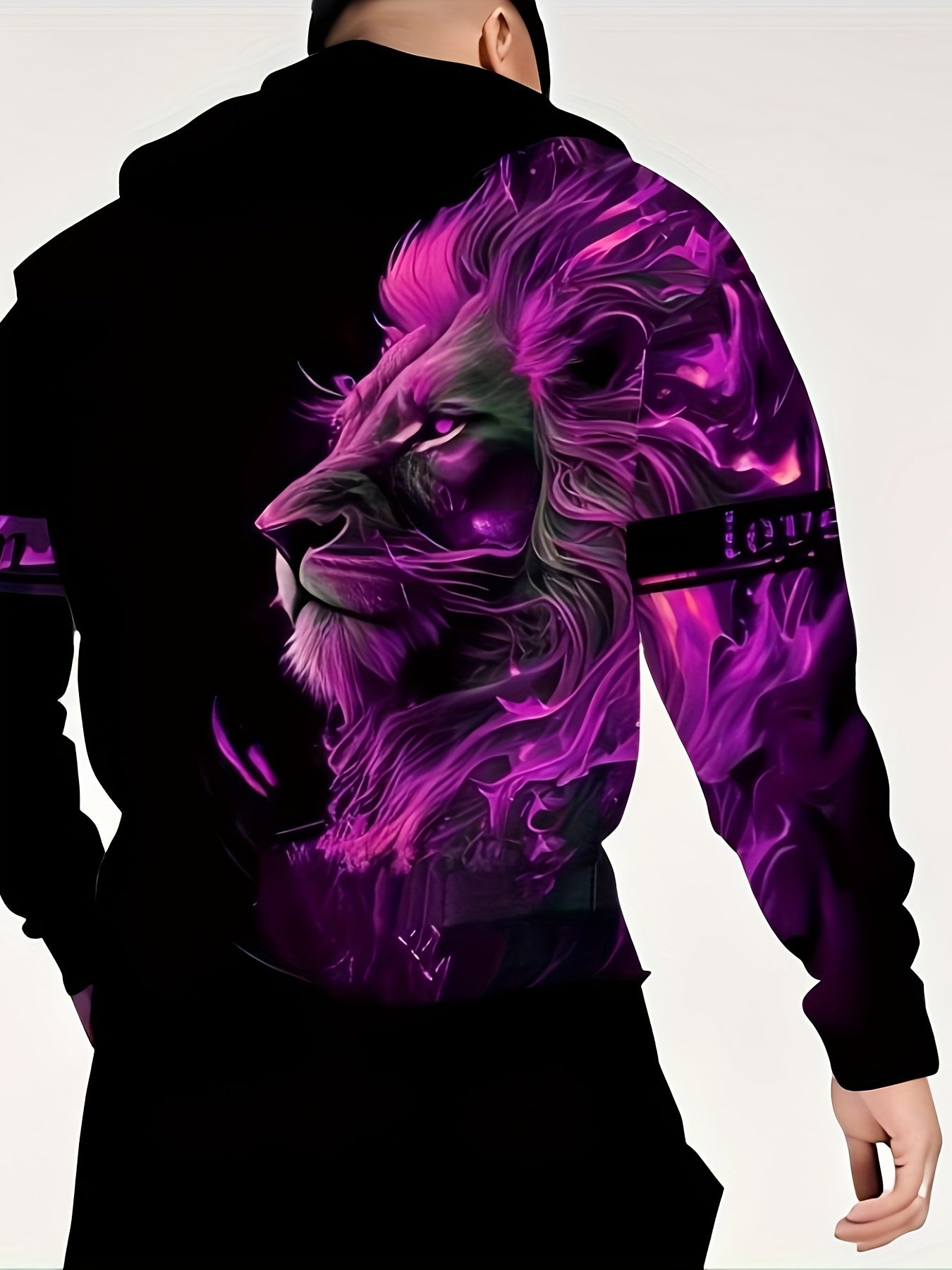 Plus size men's lion print hoodie and sweatpants set for fall/winter.