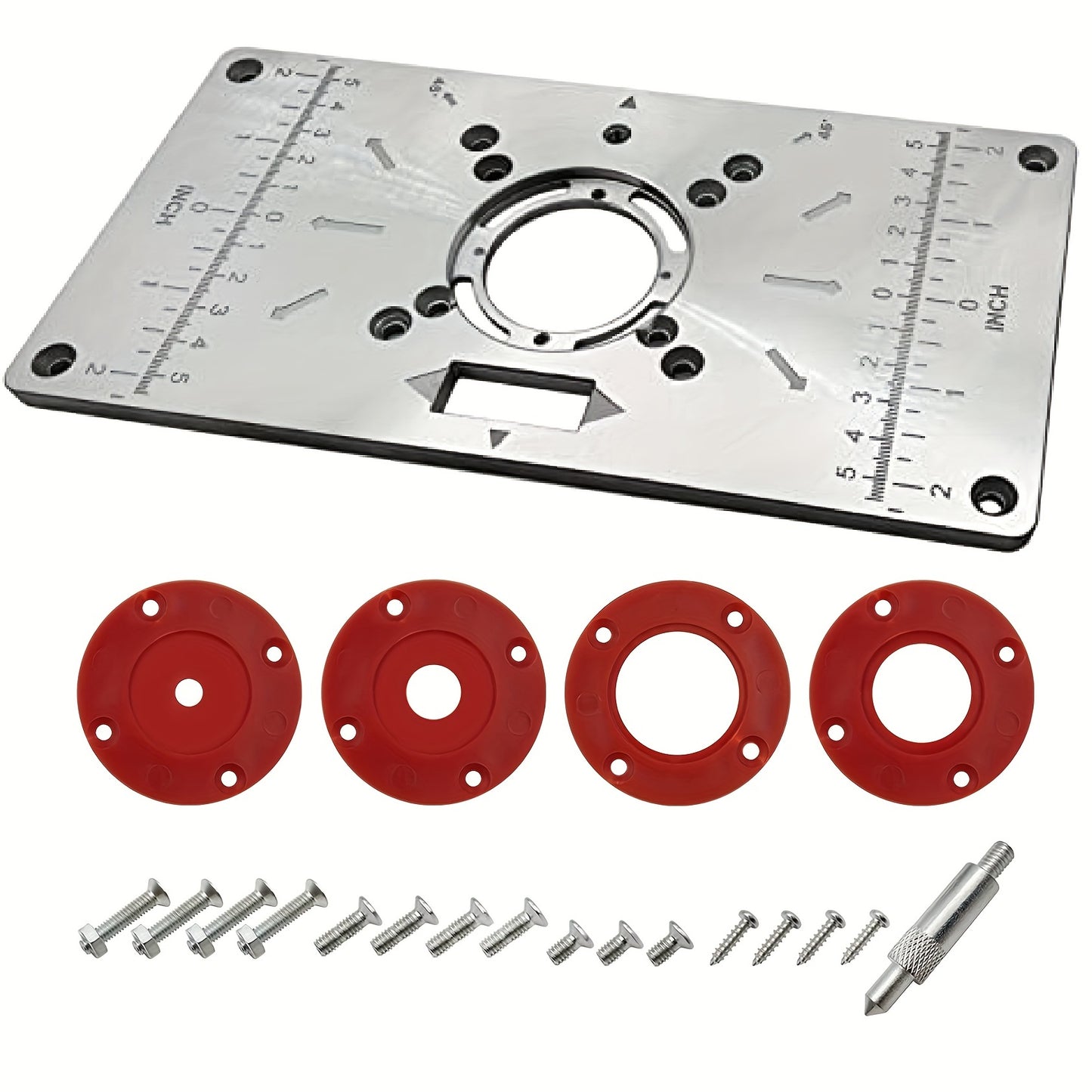 Router Table Insert Plate Table made of aluminum for woodworking benches and tools, includes 4 rings and compatible with table saws, suitable for engraving and multifunctional wood plate