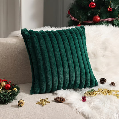 Faux fur throw pillow cover with zipper closure, ideal for winter and Christmas decor. Hand wash only. Made of polyester.