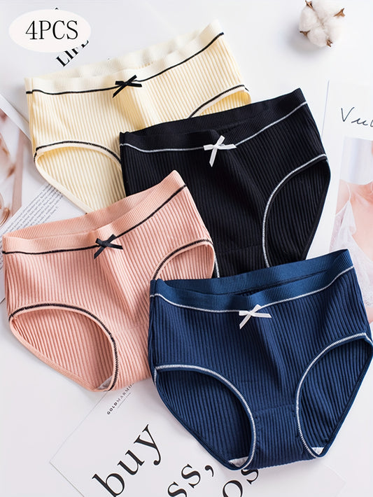 4 pieces of bow-decorated seamless briefs with contrast trim, made of comfy and breathable stretchy material. Perfect for women's lingerie and underwear.