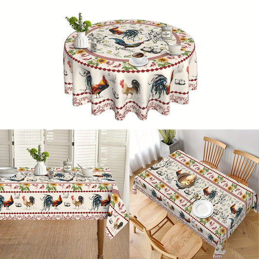 Vintage red floral polyester tablecloth with rustic farmhouse rooster and sunflower design, ideal for kitchen, dining, picnic decor and gifting.