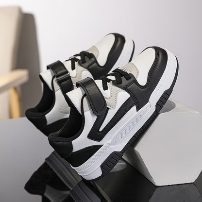 Boys' athletic sneakers in black, white, and grey with non-slip, breathable lining, hook-and-loop strap, and durable sole. Perfect for all seasons.