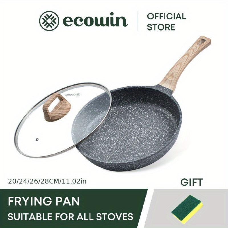 Non-stick frying pan with lid, perfect for cooking beef patties, sesame fry bag, chicken willow, and chicken wing on any stove. Essential kitchenware for all your cooking needs.