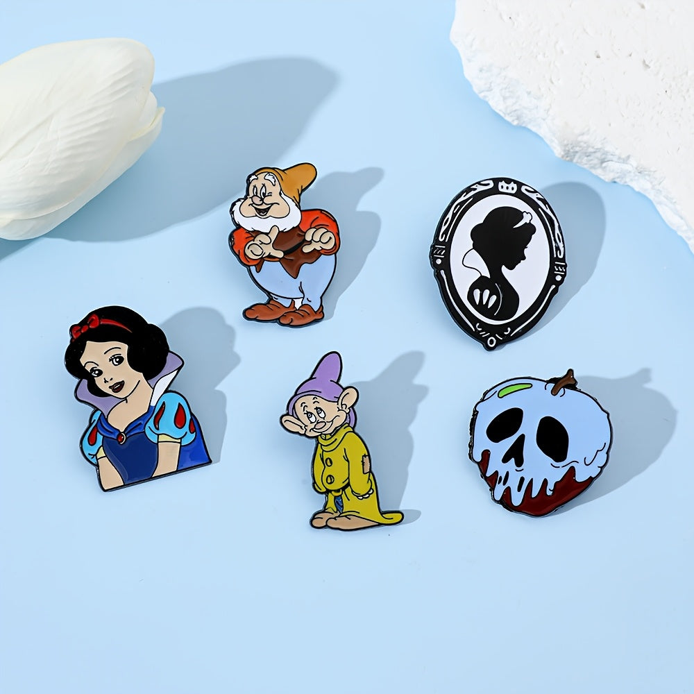 Set of 5 Enamel Pins - Adorable Snow White & The Seven Dwarfs Brooches, Made of Alloy Metal, Perfect for Clothing and Backpacks