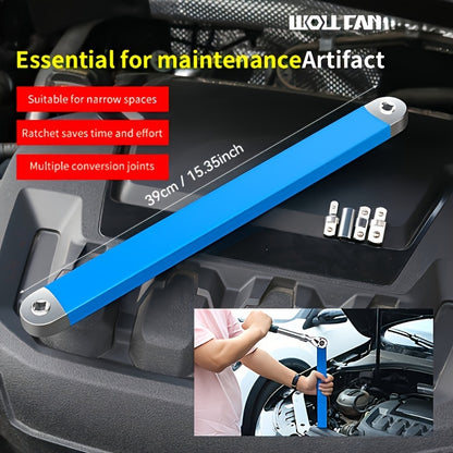 WOLLFAN 39cm Multi-Functional Extension Wrench with Ratchet Conversion and Quick Release Socket for Car Maintenance. Made of durable material.