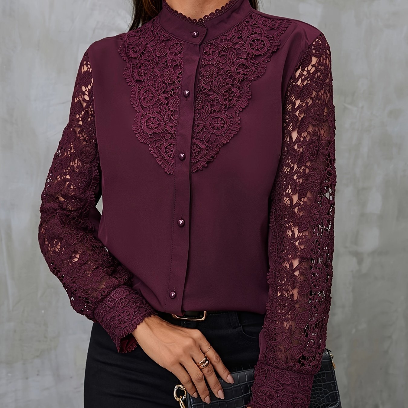 Contrast lace blouse with mandarin collar, perfect for women.