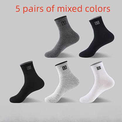 5 pairs of men's crew socks with alphabet pattern, made of knit polyester and spandex blend, breathable and soft, suitable for sports and casual wear, machine washable.