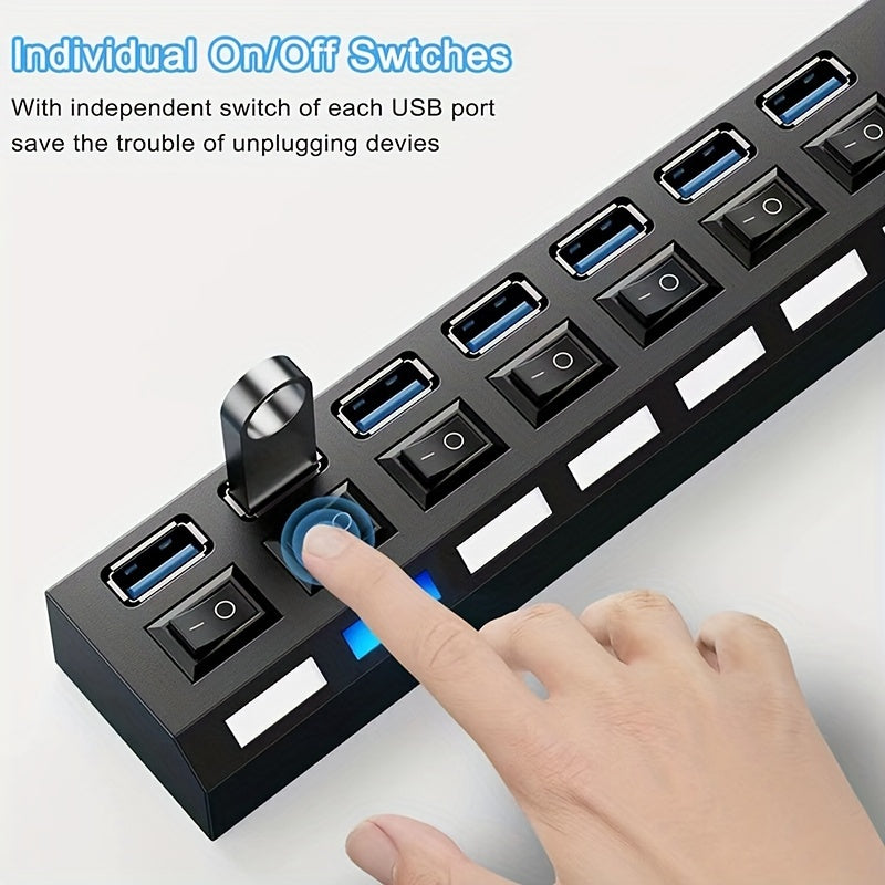 USB 3.0 Hub with 7 Ports, LED Switch, Fast Data Transfer, Universal Compatibility, Durable Design, No Battery Needed.