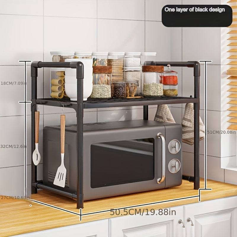 Get organized with our 1pc Kitchen Organizer Rack! This open-storage metal rack features handles and hooks, making it perfect for storing kitchen essentials. Use it as a multipurpose microwave stand, oven and toaster shelf. Made with durable plastic and